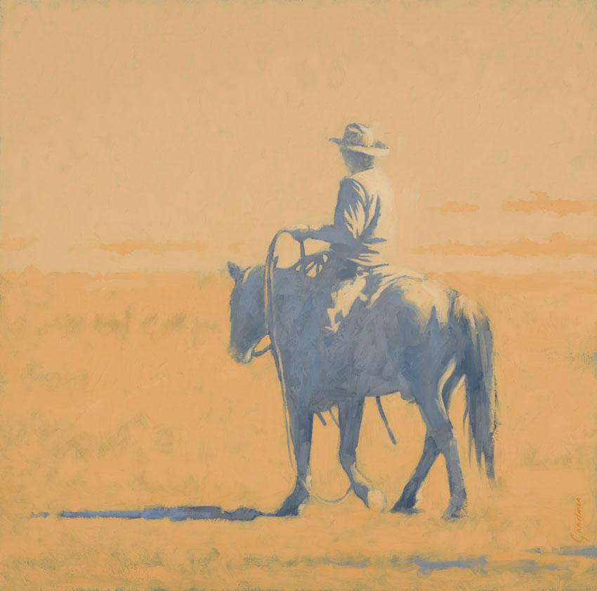 Terry Gardner Landscape Painting - The Roper in Orange (cowboy, horse, landscape, orange)
