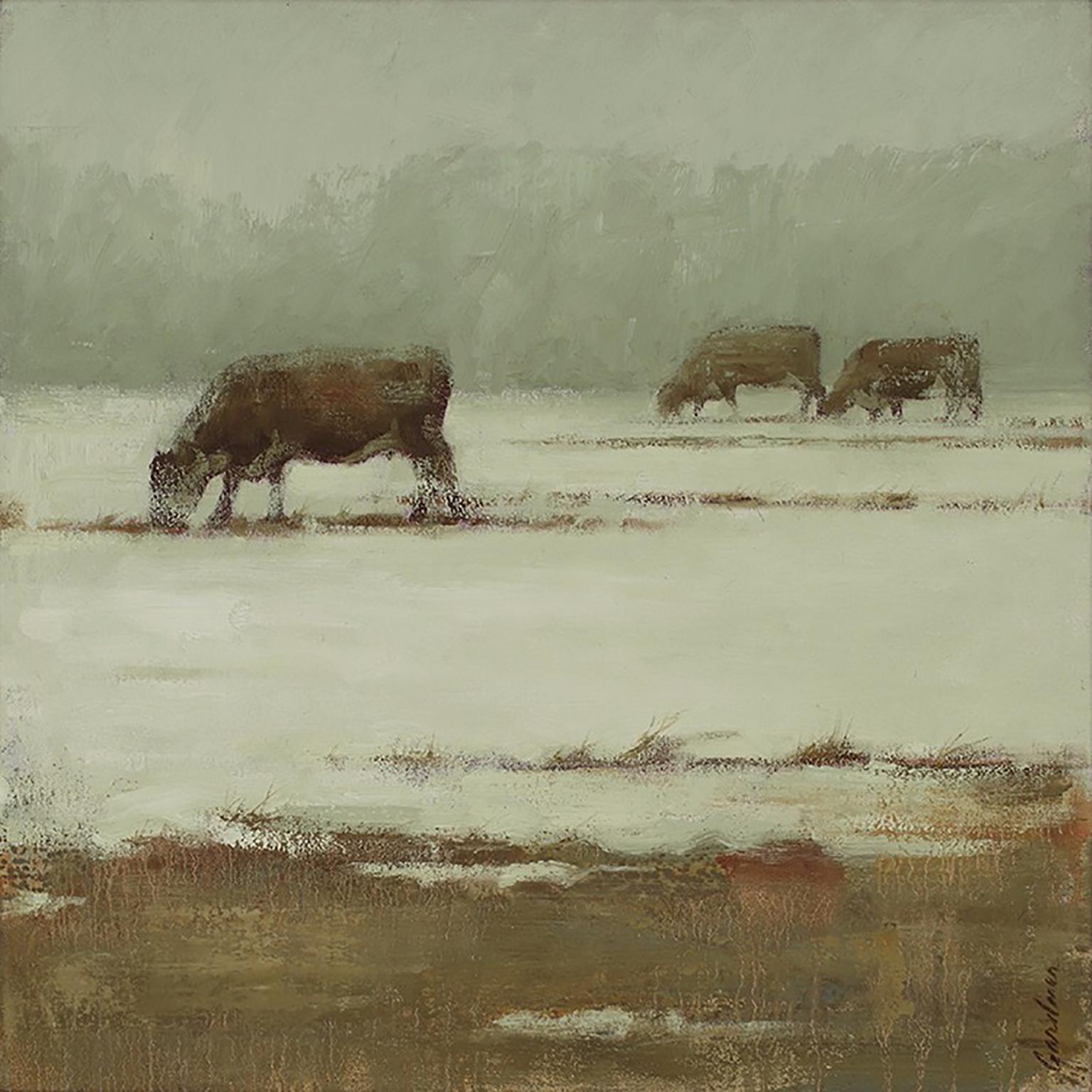 Terry Gardner Landscape Painting - Three Cows, Early Spring (West, ethereal, grazing)