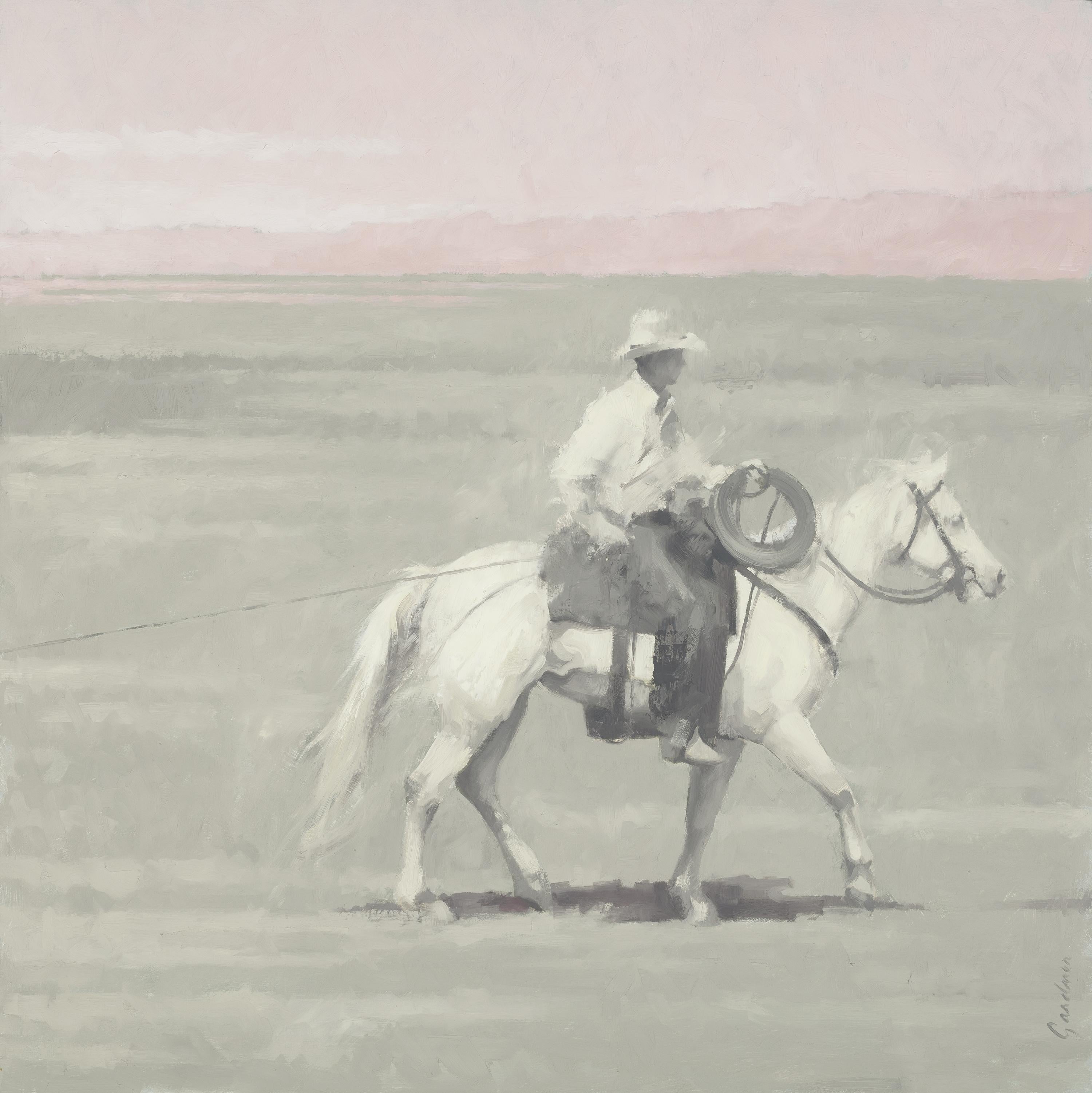 Terry Gardner Landscape Painting - Tightrope (cowboy, horse, landscape, muted colors)