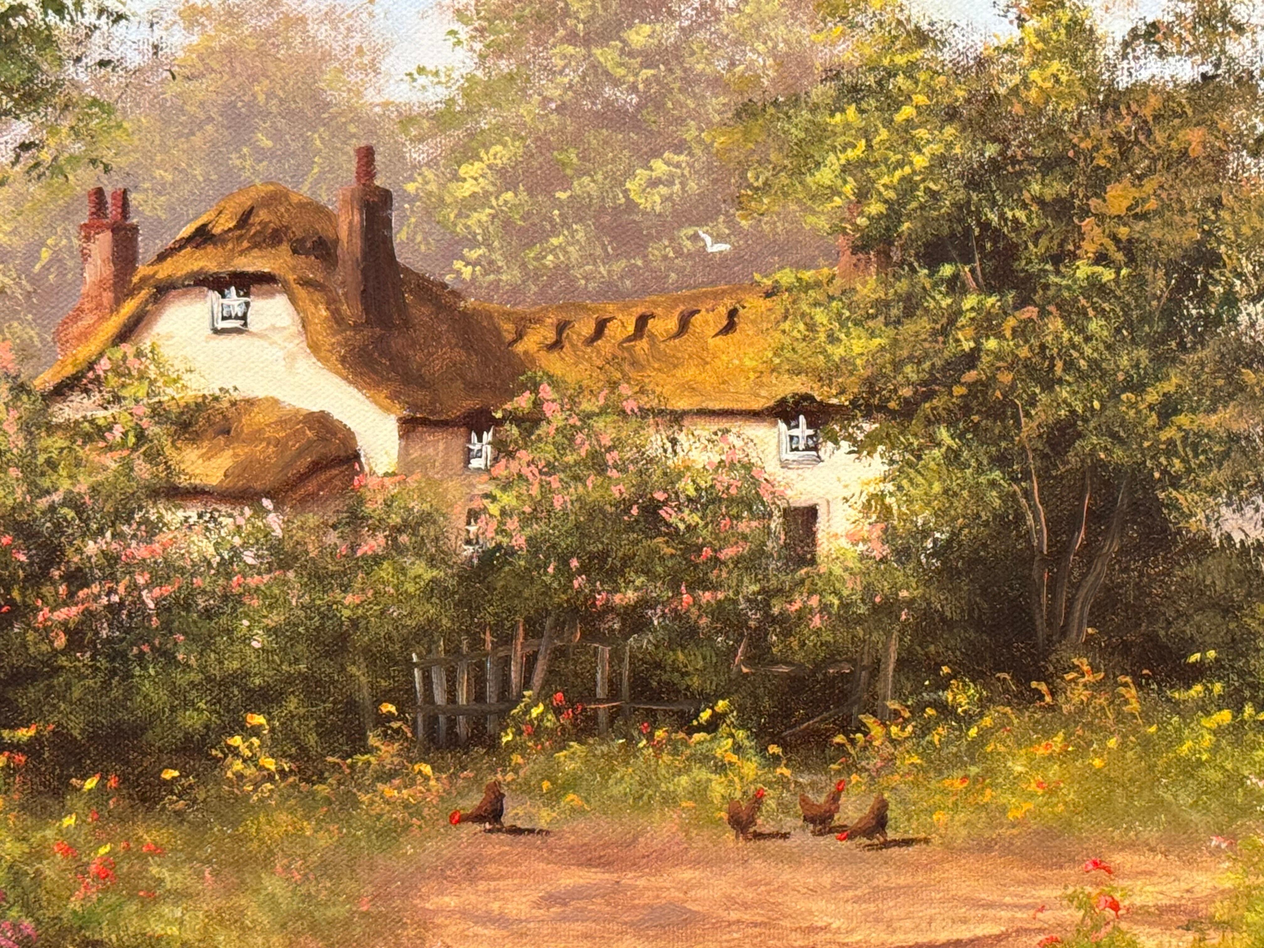 Cottage dans un jardin luxuriant avec des poules dans la campagne anglaise par English artist en vente 7