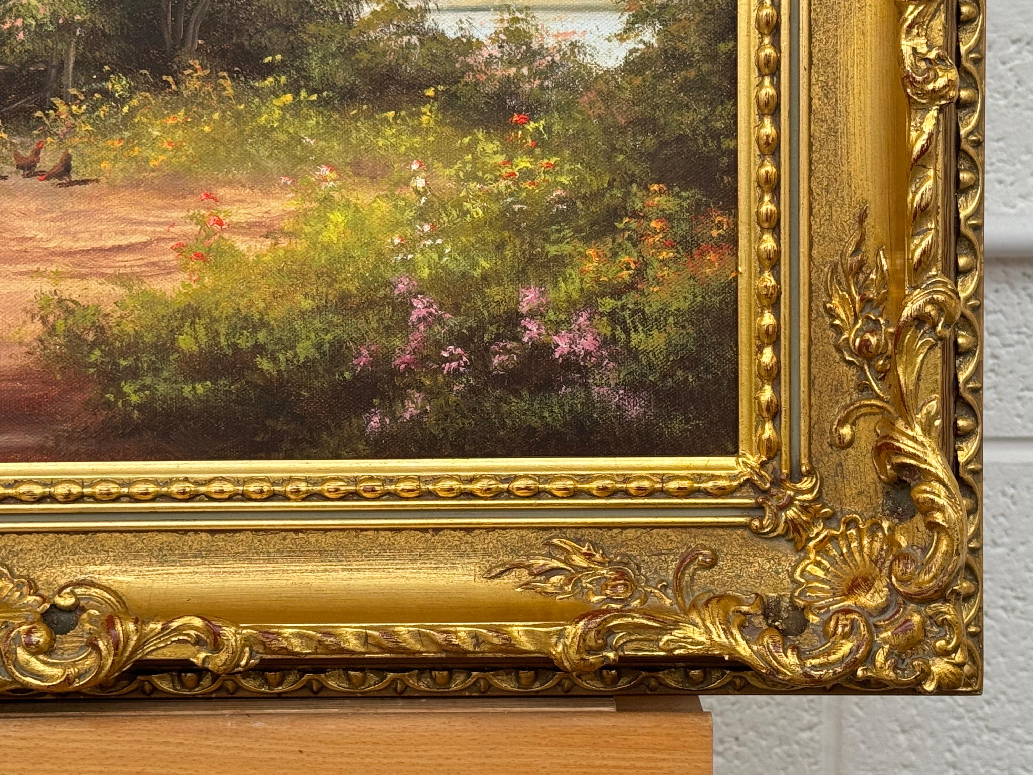 Cottage dans un jardin luxuriant avec des poules dans la campagne anglaise par English artist en vente 12