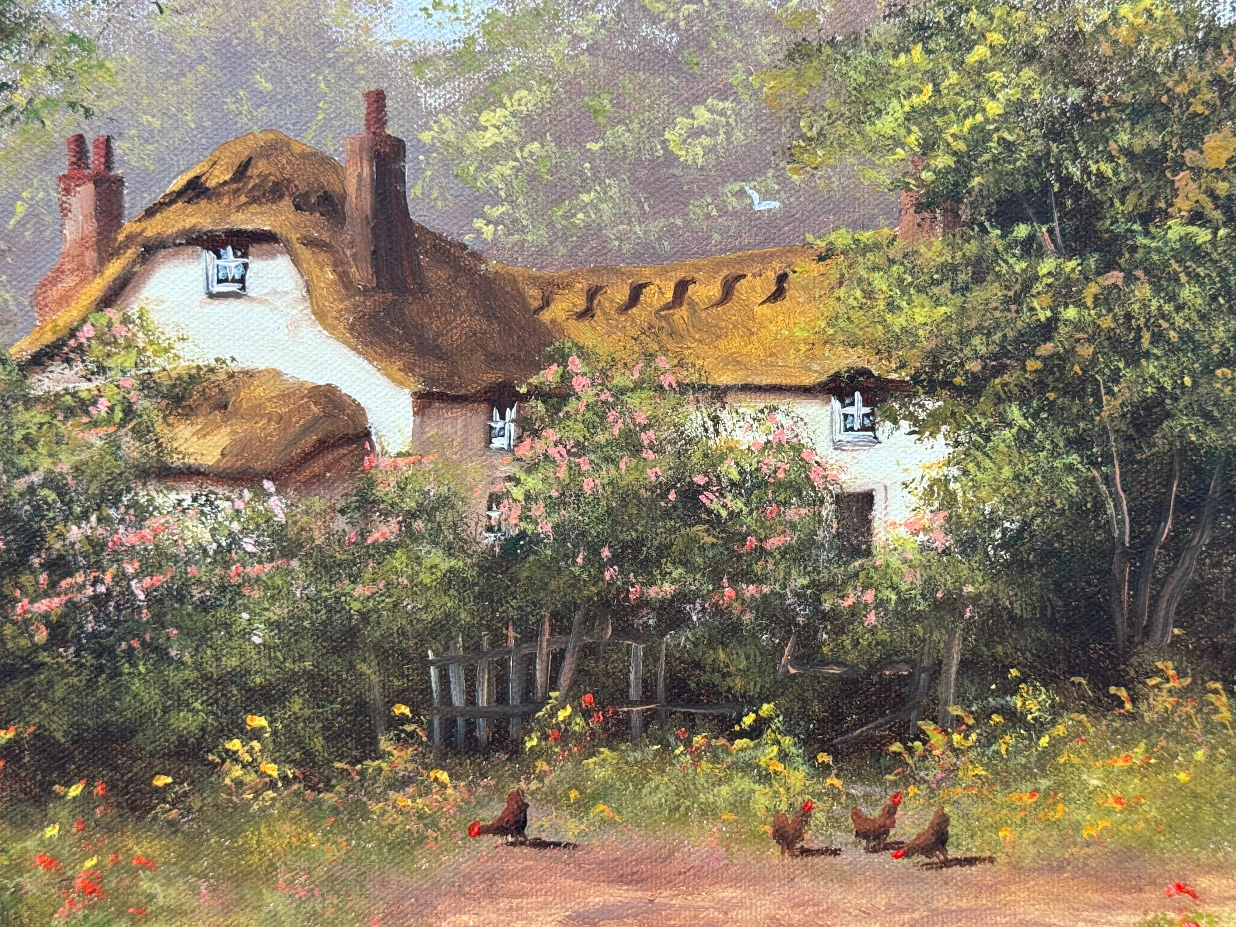 Cottage dans un jardin luxuriant avec des poules dans la campagne anglaise par English artist en vente 15
