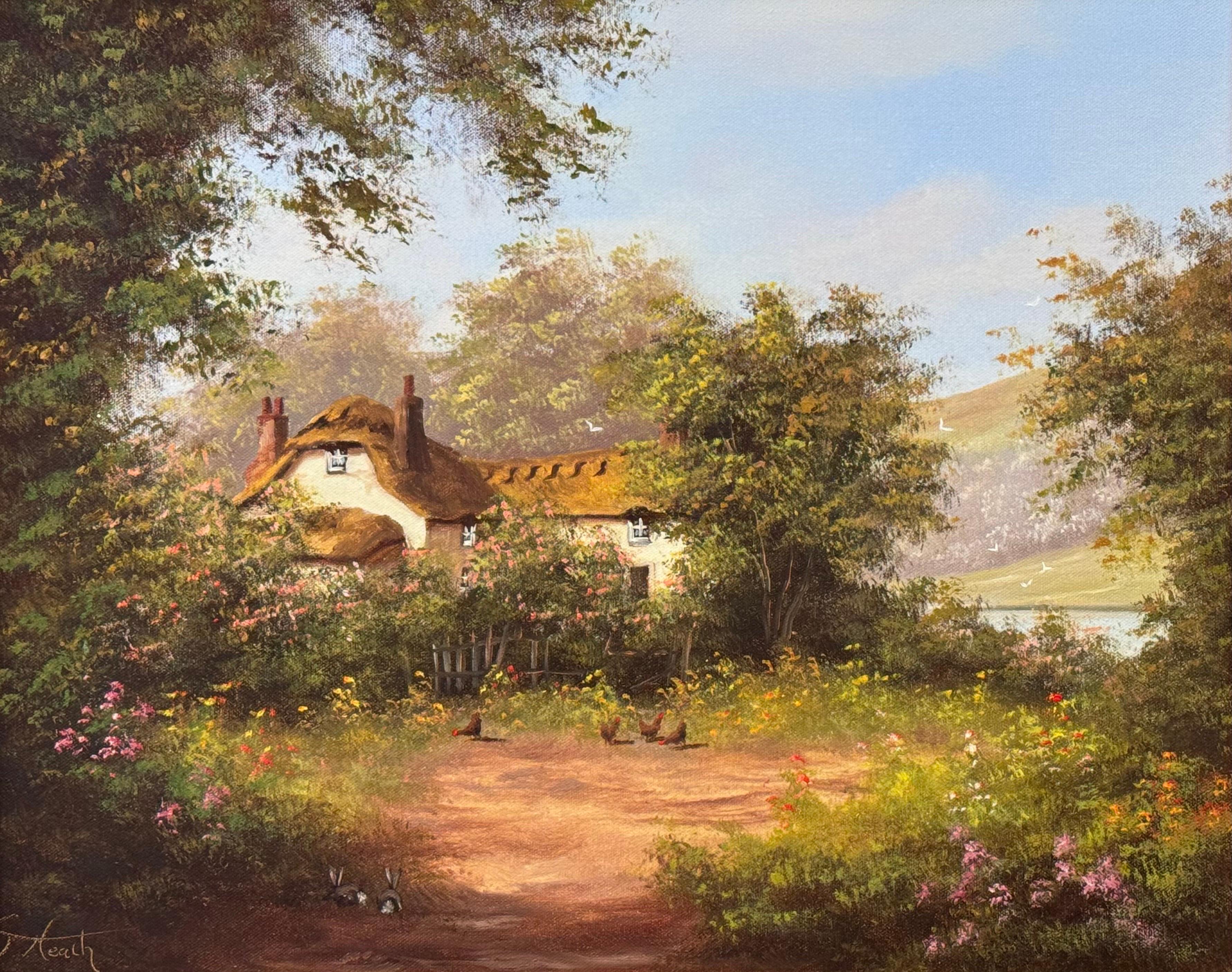 Cottage dans un jardin luxuriant avec des poules dans la campagne anglaise par English artist en vente 1