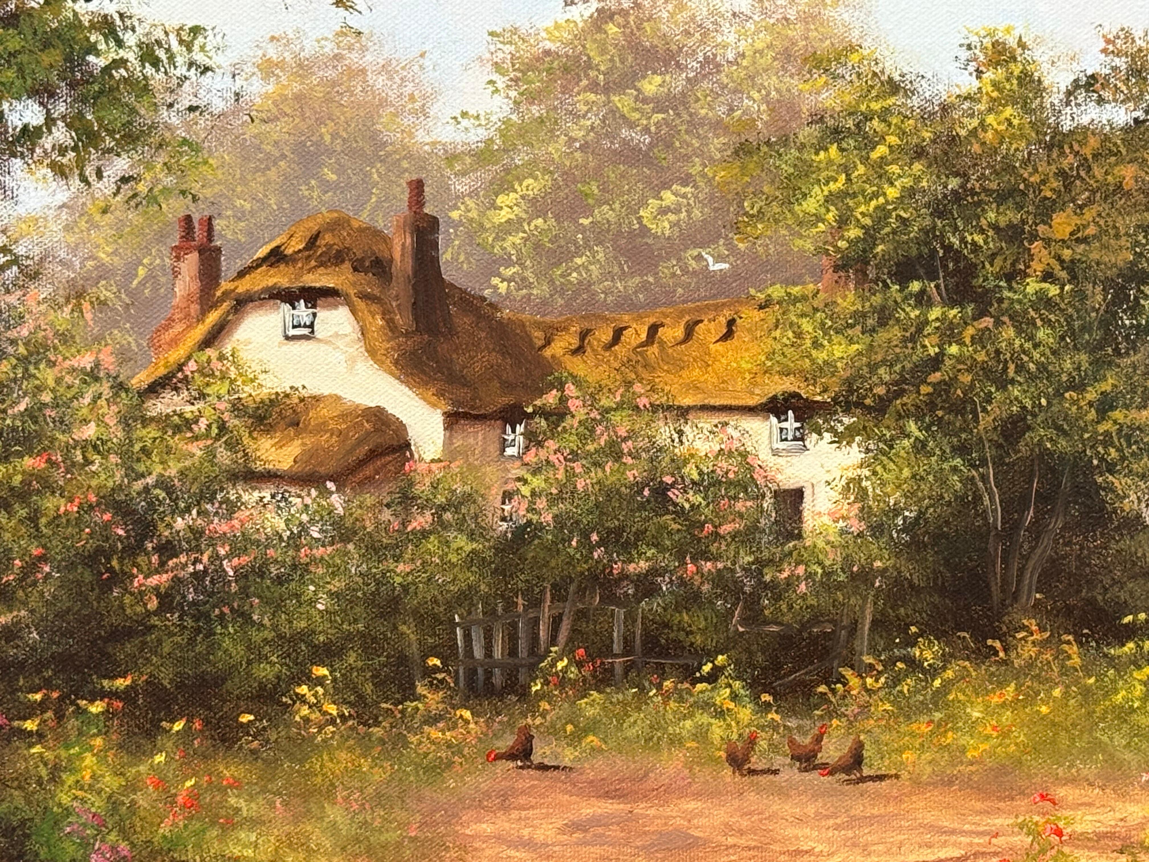 Cottage dans un jardin luxuriant avec des poules dans la campagne anglaise par English artist en vente 2