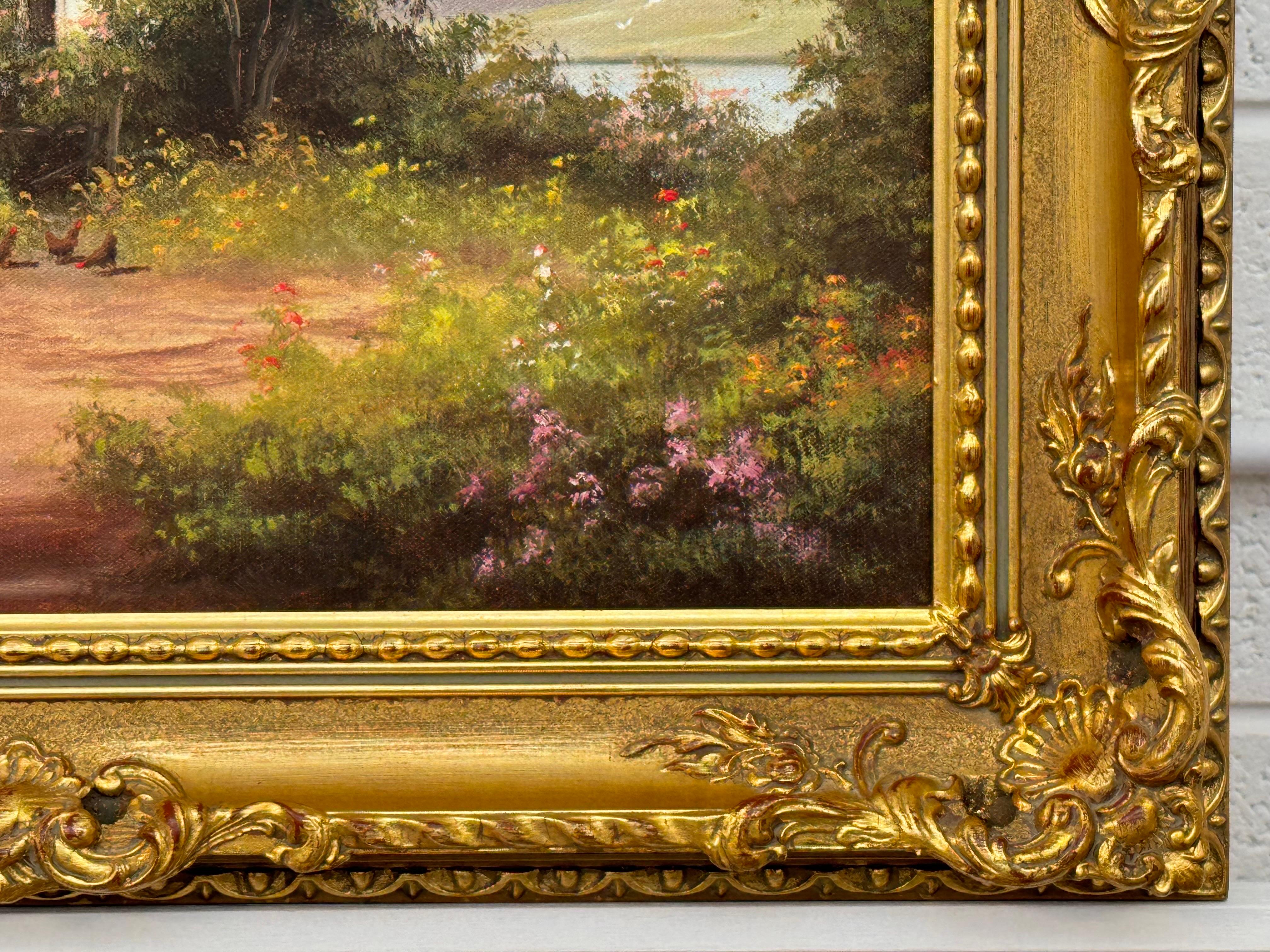 Cottage dans un jardin luxuriant avec des poules dans la campagne anglaise par English artist en vente 4