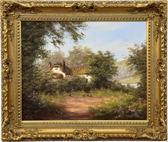 Cottage dans un jardin luxuriant avec des poules dans la campagne anglaise par English artist