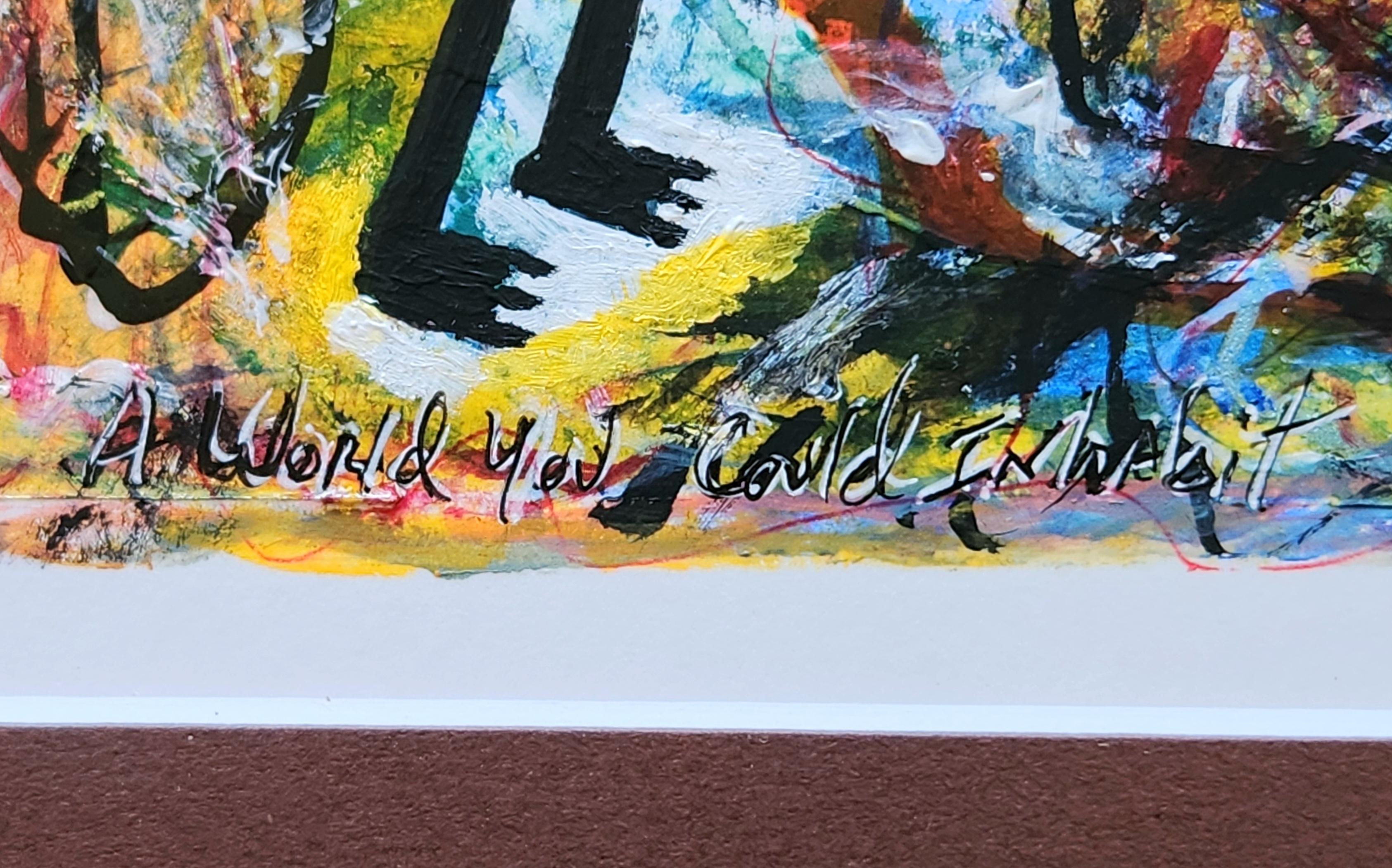 Cette œuvre mixte de type onirique présente un éventail incroyable d'images et de figures. Les jaunes vifs, les rouges, les bleus et les oranges se mélangent tout au long de l'œuvre grâce à l'utilisation de pointillés et de marques expressives.