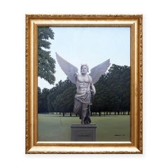 Peinture abstraite surréaliste du tombeau de Lautréamont avec une statue grecque ailée