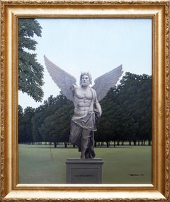Peinture abstraite surréaliste du tombeau de Lautréamont avec une statue grecque ailée