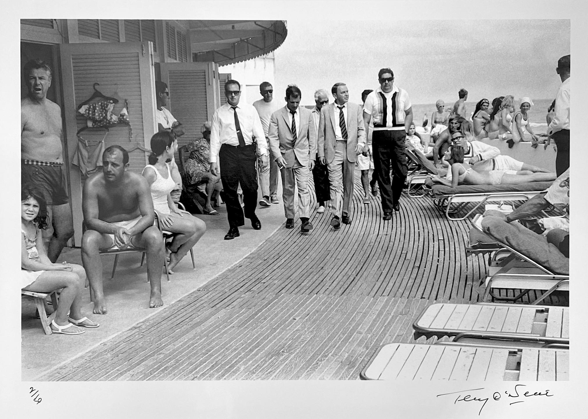 Terry O'Neill Figurative Photograph - Frank Sinatra Boardwalk In Miami - Lifetime Hand Signed Framed Silver Print