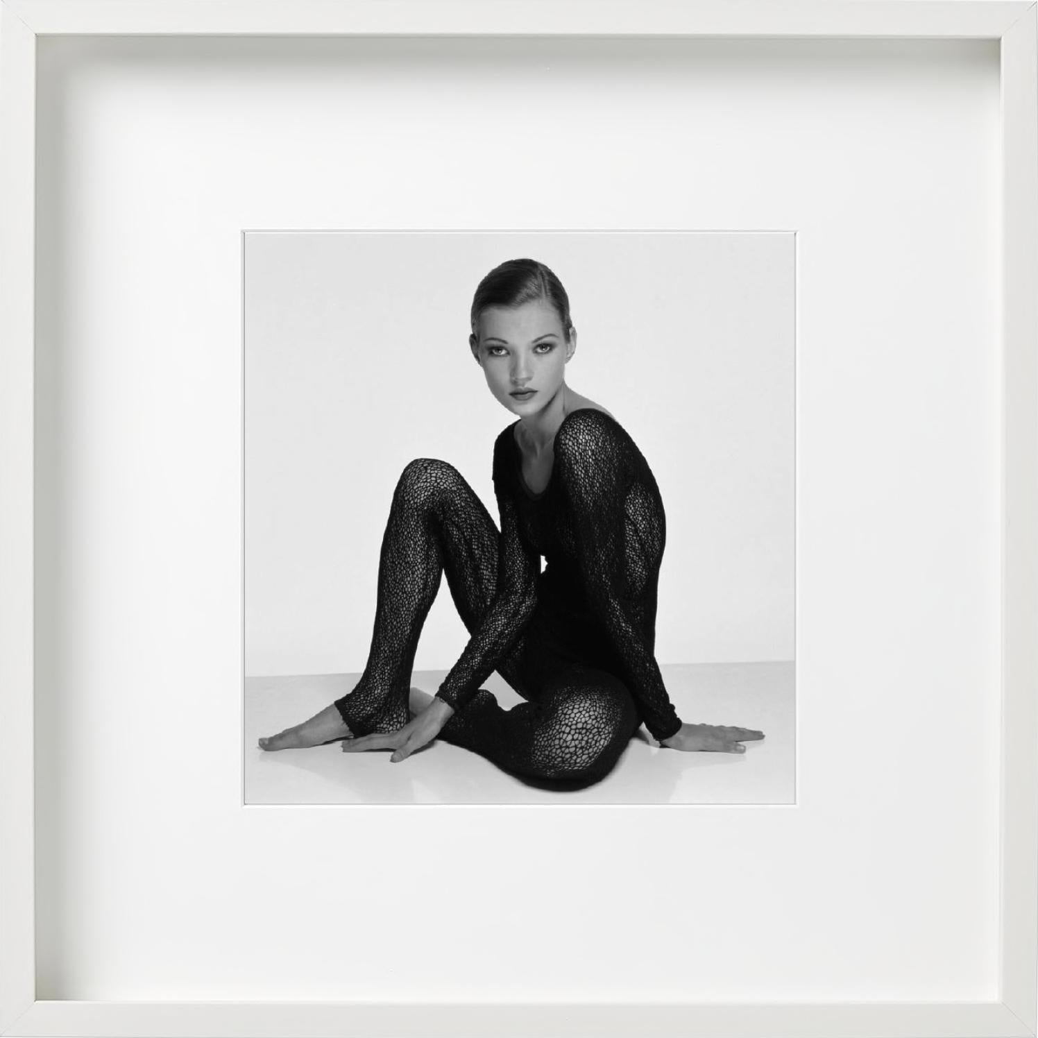 Kate Moss - in lace bodysuit sitting on the floor, fine art photography, 1992 - Contemporary Photograph by Terry O'Neill