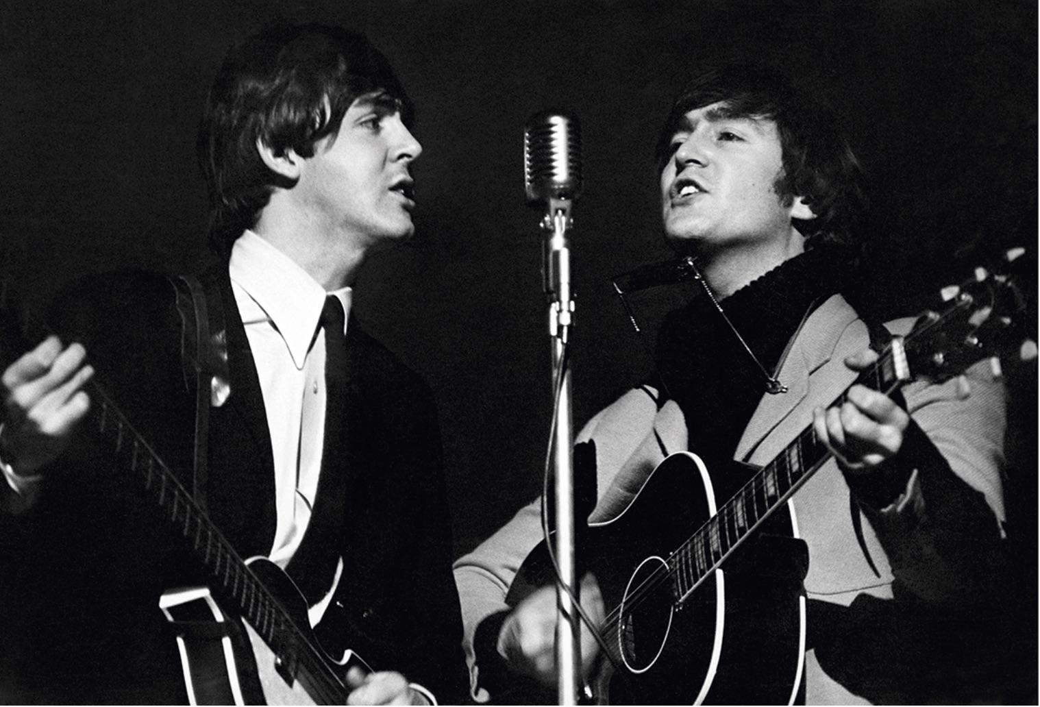 Terry O'Neill Black and White Photograph - Paul McCartney and John Lennon, Wembley Studios 