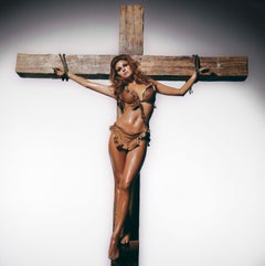 Raquel Welch on the Cross - Terry O'Neill, lifetime signed, 48x48 in, colour