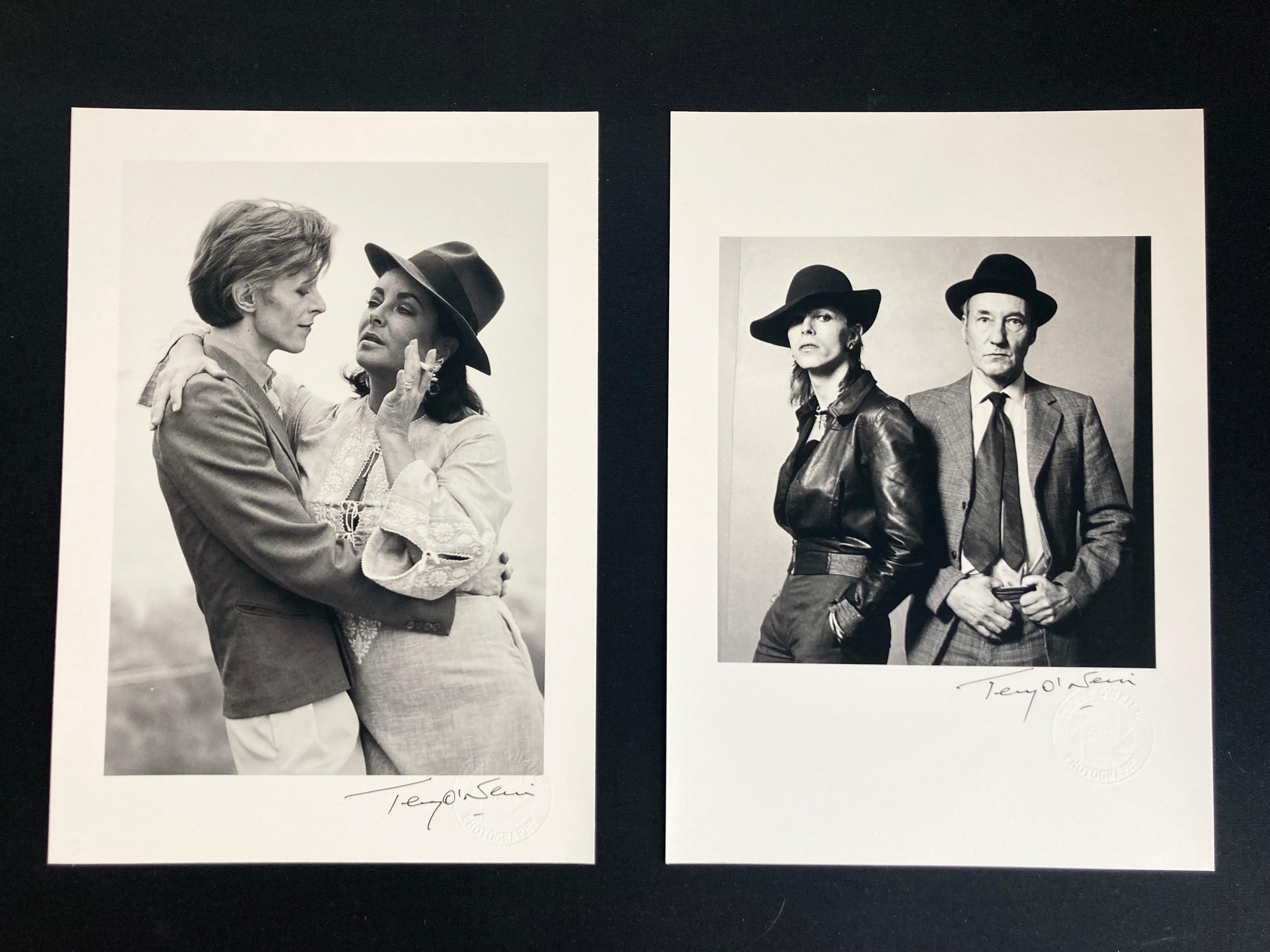 Set of two, signed open edition, 8” x 10” archival prints by Terry O'Neill, featuring Terry O’Neill’s embossed studio stamp

One print features Bowie with author, William Burroughs, the other with actress, Elizabeth Taylor. Both were taken in 1974.