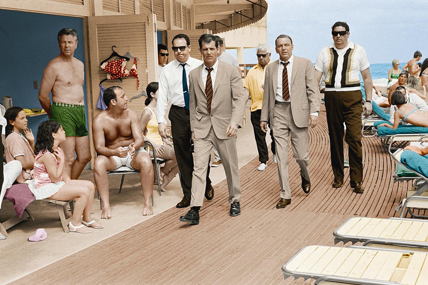 Terry O'Neill Color Photograph - Sinatra with Body Double and security team, Boardwalk, Miami Beach (colorized)