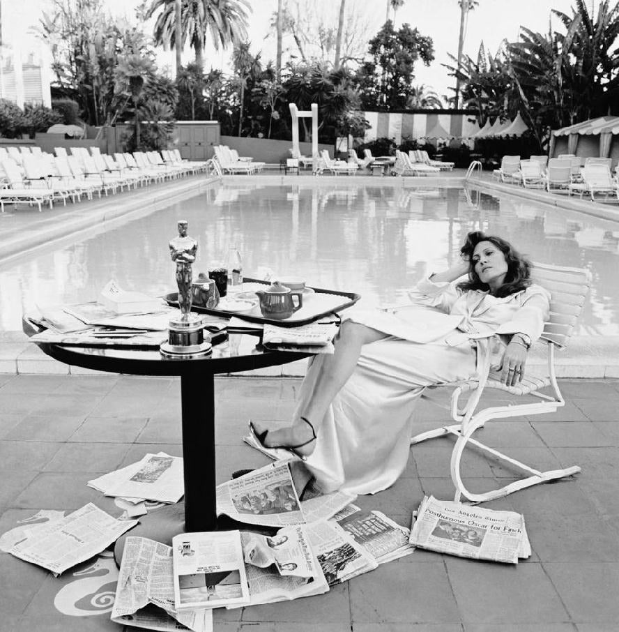 Faye Dunaway at the Beverly Hills Hotel, 1977
Silver gelatin print
40 x 40" 
estate stamped edition of 50
with certificate of authenticity

Terry O'Neill (1938-2019) is an English photographer. He gained renown documenting the fashions, styles, and