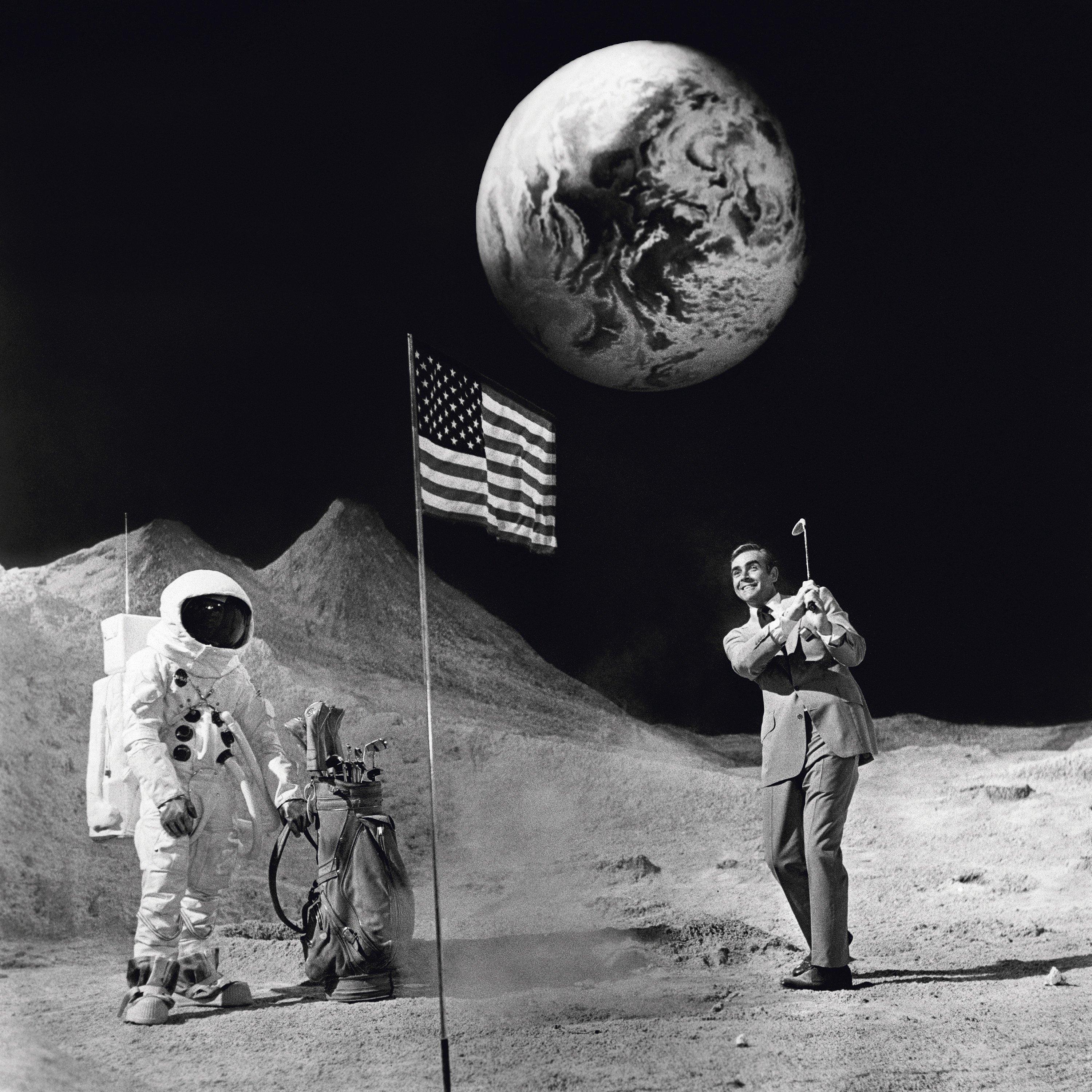 Sean Connery on the Moon, 1971
Silver Gelatin Print
Estate signature stamped and numbered edition of 50
with certificate of authenticity

Re-creating astronaut Alan Shepard’s famed golfing on the moon picture, Connery as James Bond plays golf on a