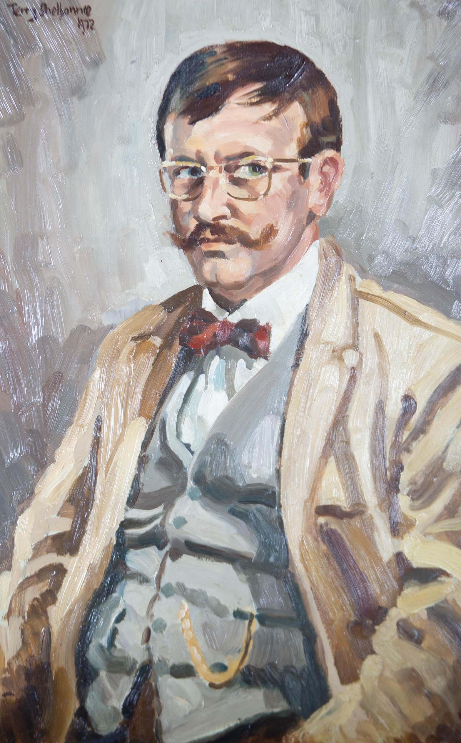 A fine oil portrait by Terry Shelbourne of his brother Michael Shelbourne. Inscribed to the reverse with the name of the sitter and with a heartwarming note 