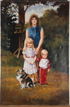Huile de Terry Shelbourne (1930-2020), Mère, enfants et chien