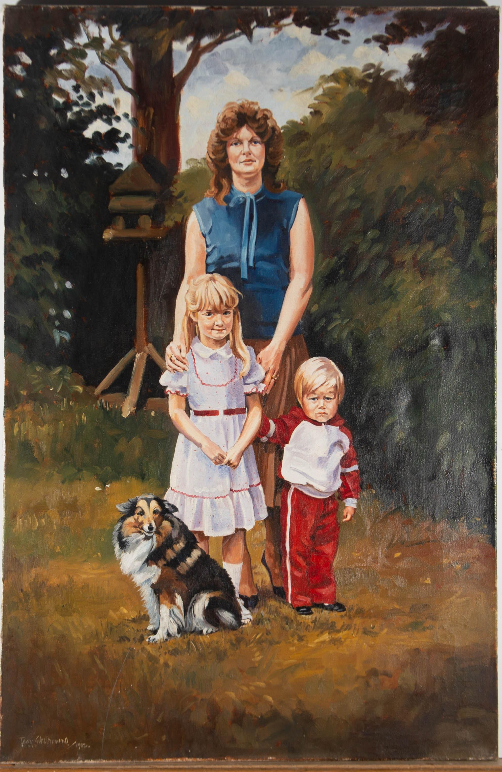 A fine oil portrait showing a proud mother with her two young children and their dog at their feet. The artist has captured real character in each subject and a real family dynamic among the family members. The artist has signed and dated to the