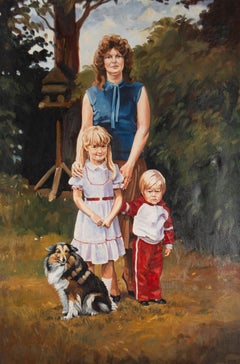 Huile de Terry Shelbourne (1930-2020), Mère, enfants et chien