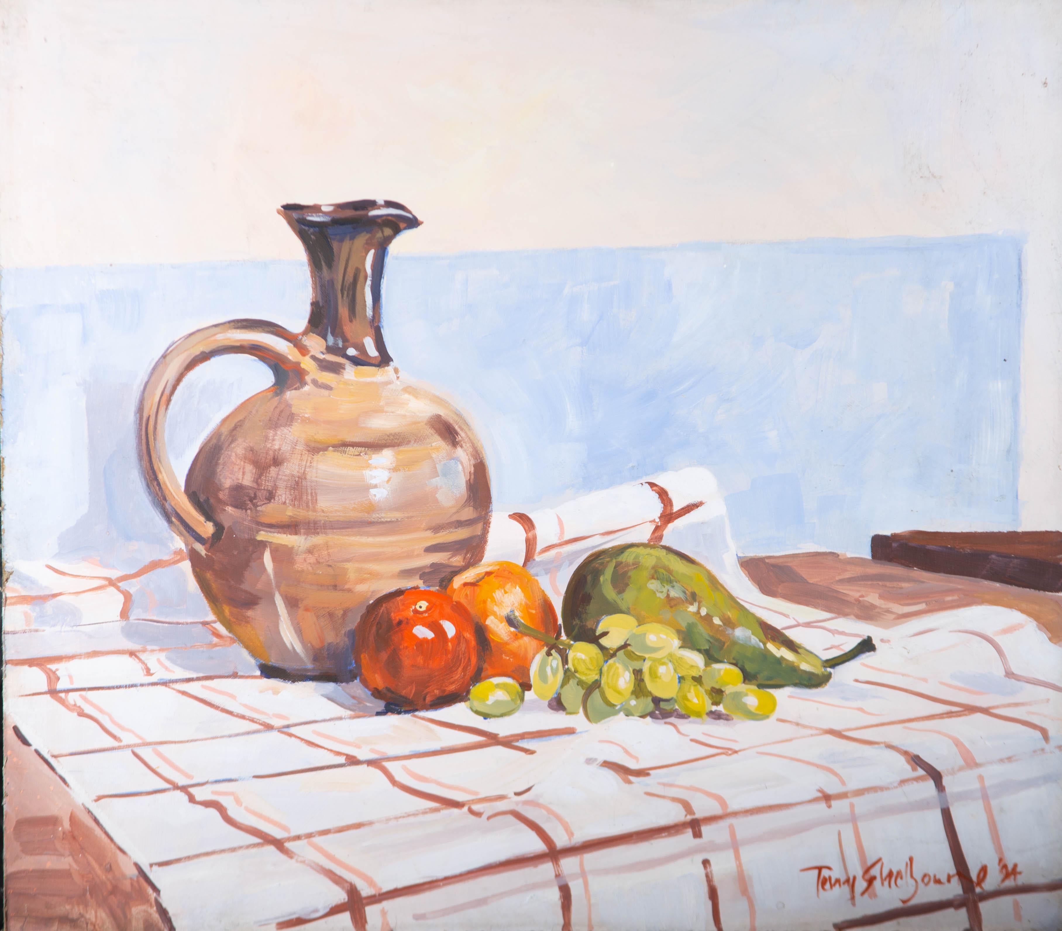 Terry Shelbourne (1930-2020) - 1994 Oil, Still Life with Jug & Fruit For Sale 1