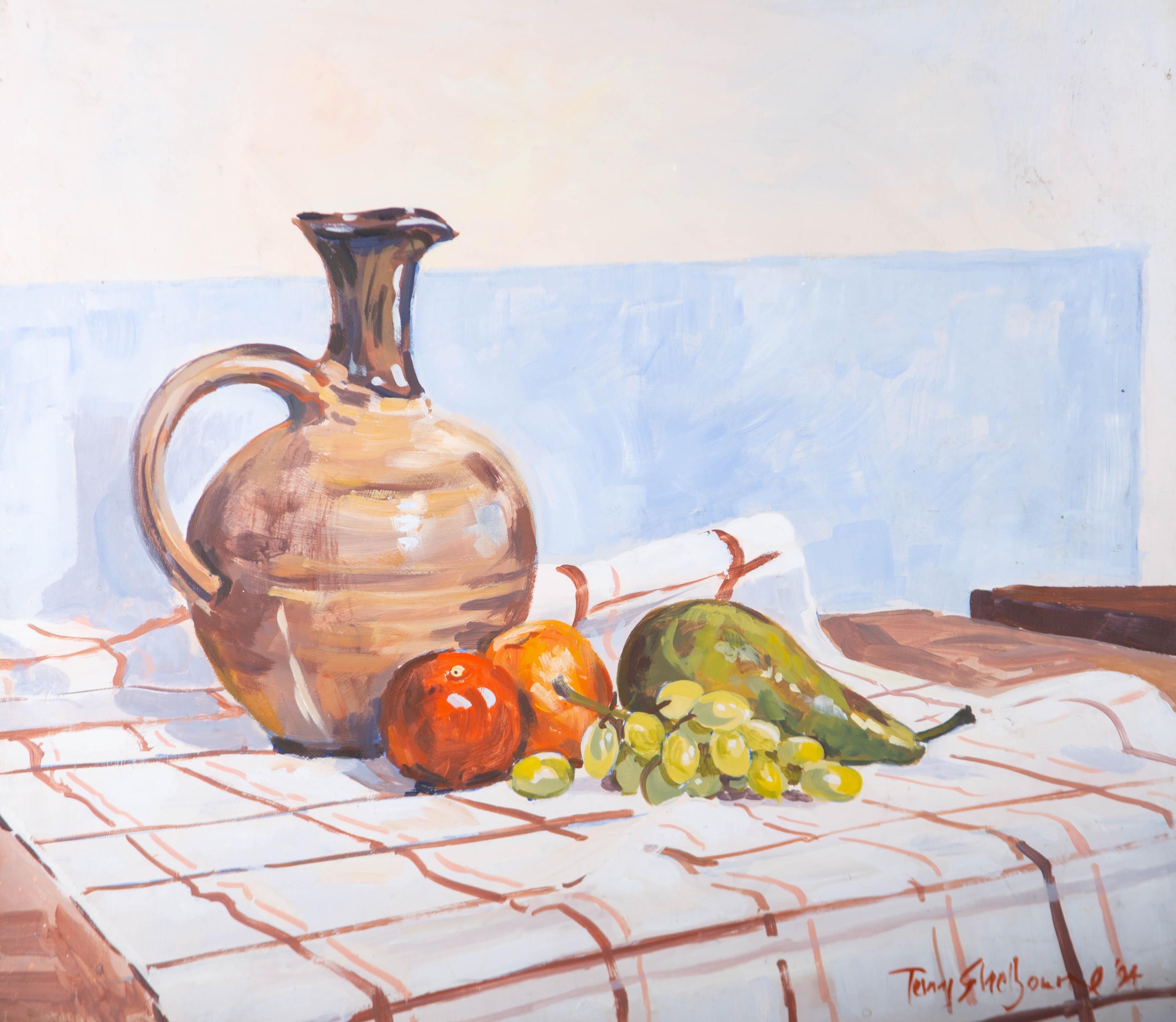 Terry Shelbourne (1930-2020) - 1994 Oil, Still Life with Jug & Fruit For Sale 3