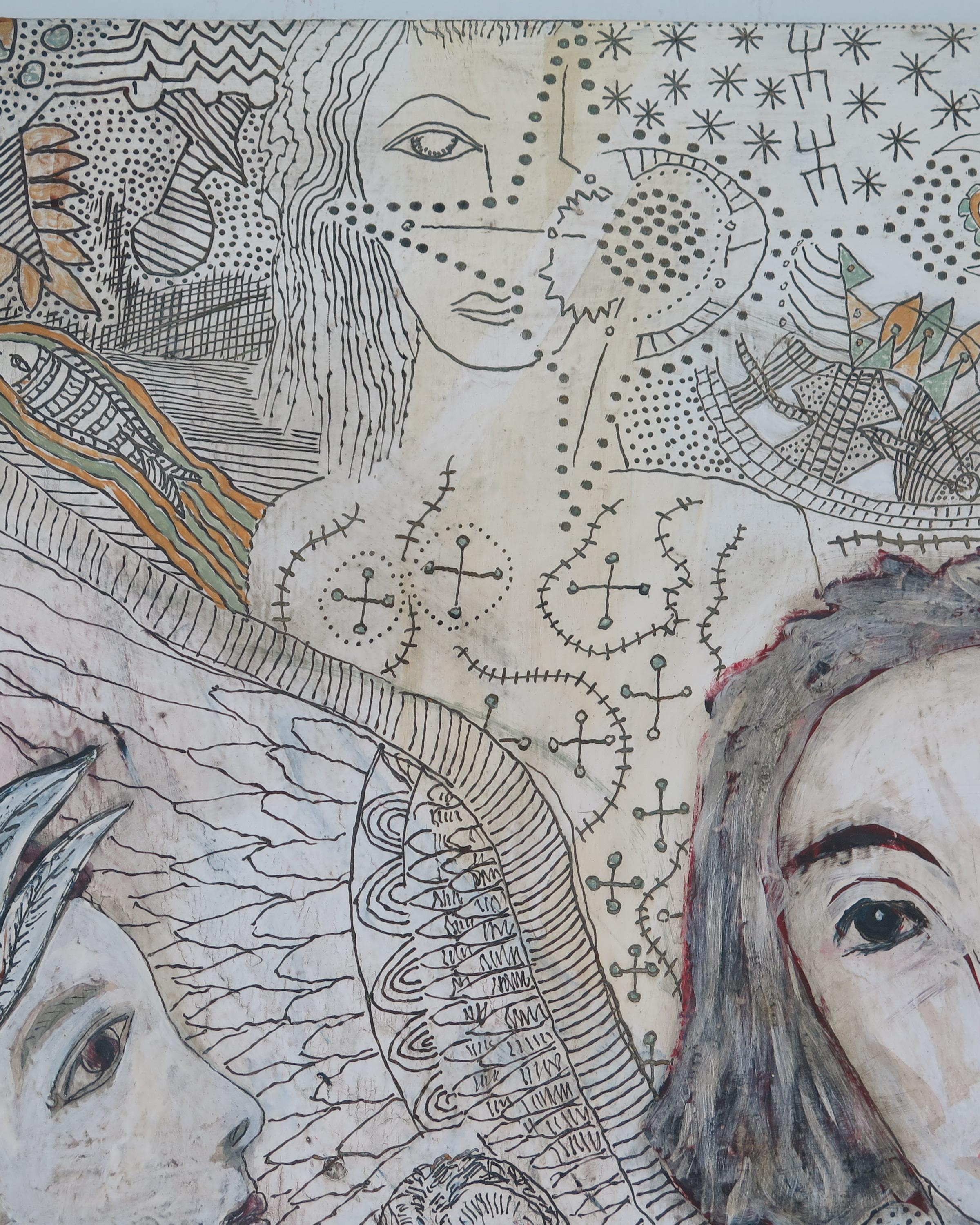 Painting on wood panel by self-taught artist Terry Turrell of thought and dreams. Much of this painting was done by Terry drawing into the painted surface by scratching and scraping through the paint to underlayers, a favored way of working.