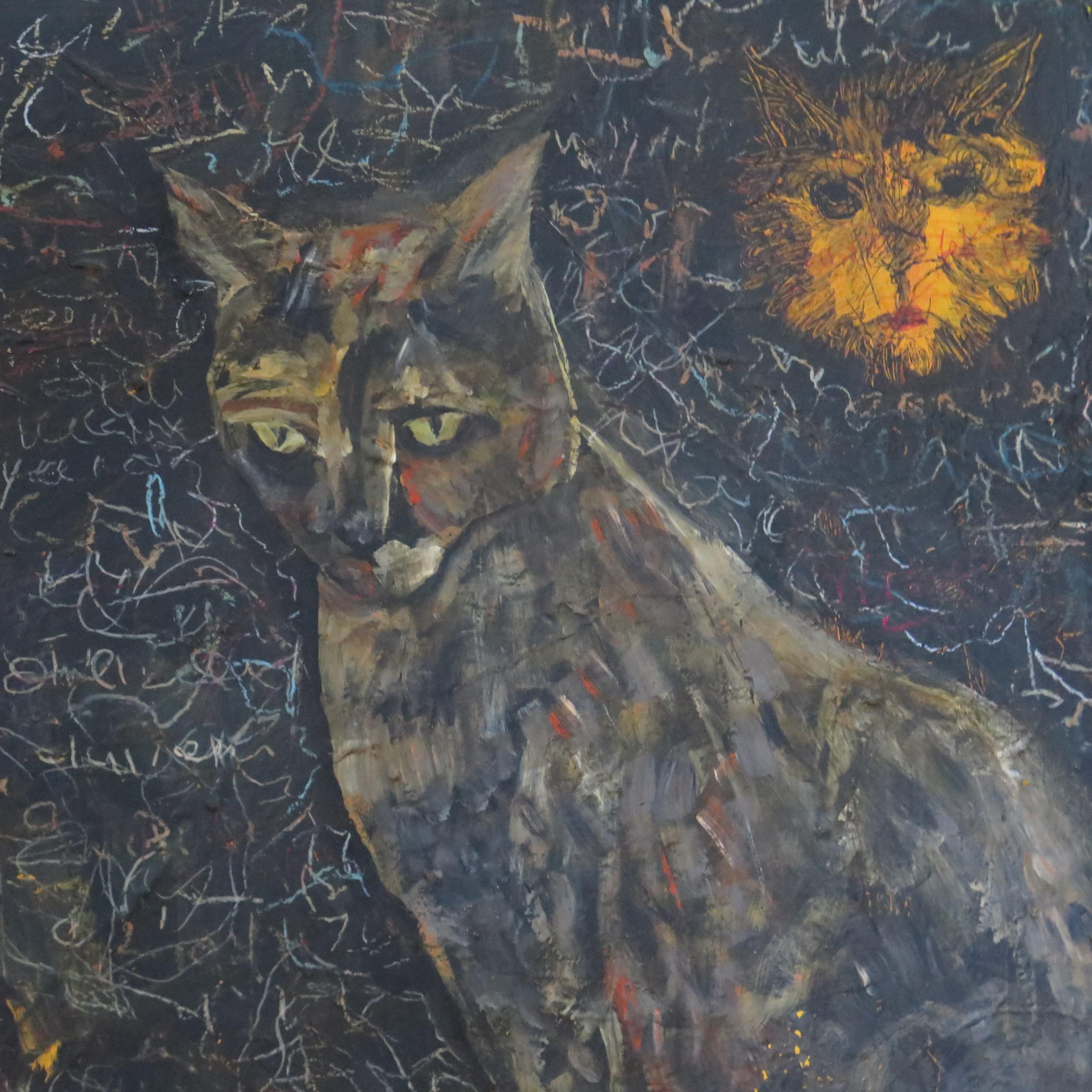 Terry Turrell shares his home with cats and dogs which he cares for with diligence since his wife passed away.
They are like his children often acting as his models in the studio. This painting has an unusual chalkboard background that is