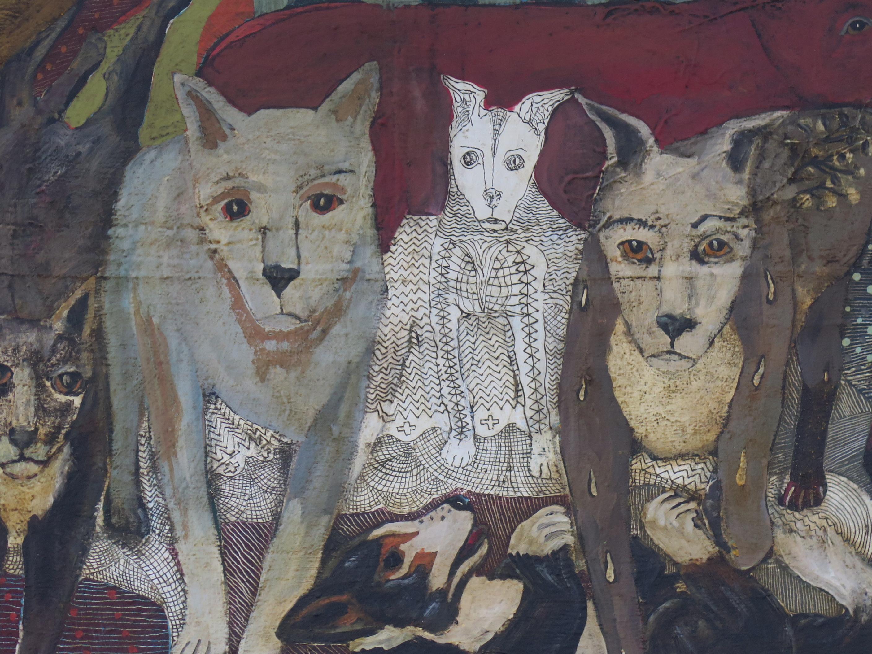 Painting on wood panel of a pack of dogs. Terry Turrell lives as a recluse with his dogs. In his dog walks they get to know the other neighbourhood dogs. They often become the subjects of Terry's paintings.