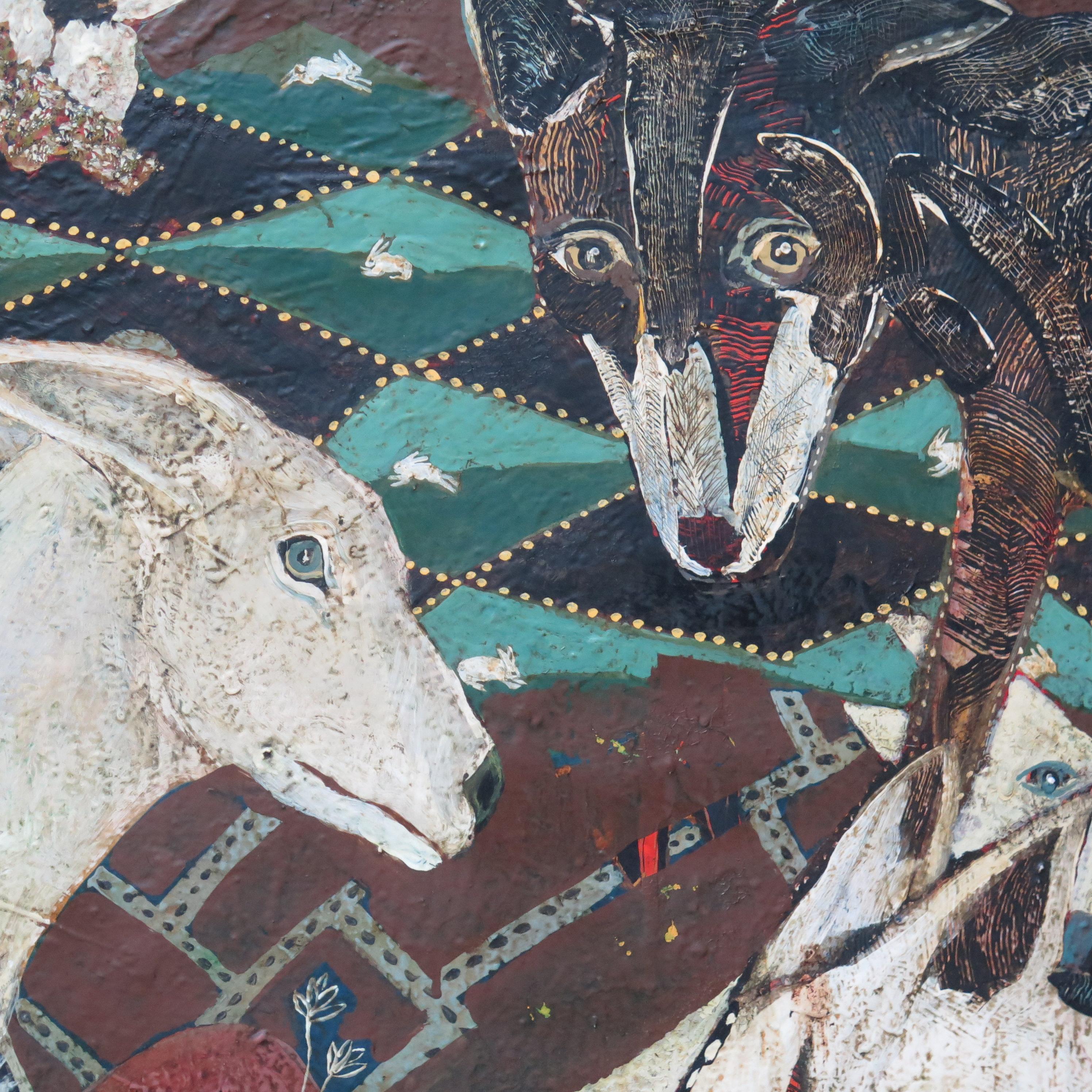 Terry Turrell painting with dogs, cats and birds. Many rabbits are seen on the patterned background.
Terry has been living with his dogs and cat since losing his wife. They often become the subjects of his art.