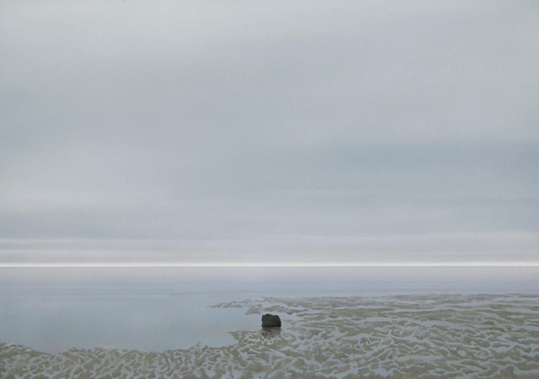 Una roca en el fango - paisaje contemporáneo junto al mar pintura acrílico sobre papel