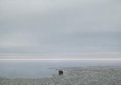 A Rock in the Mud - peinture contemporaine de paysage de bord de mer en acrylique sur papier