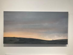 Granero en amanecer de invierno - pintura contemporánea de paisaje playero junto al mar