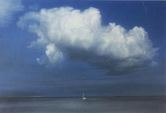 Boat with Cloud - peinture acrylique contemporaine de paysage avec nuages de ciel