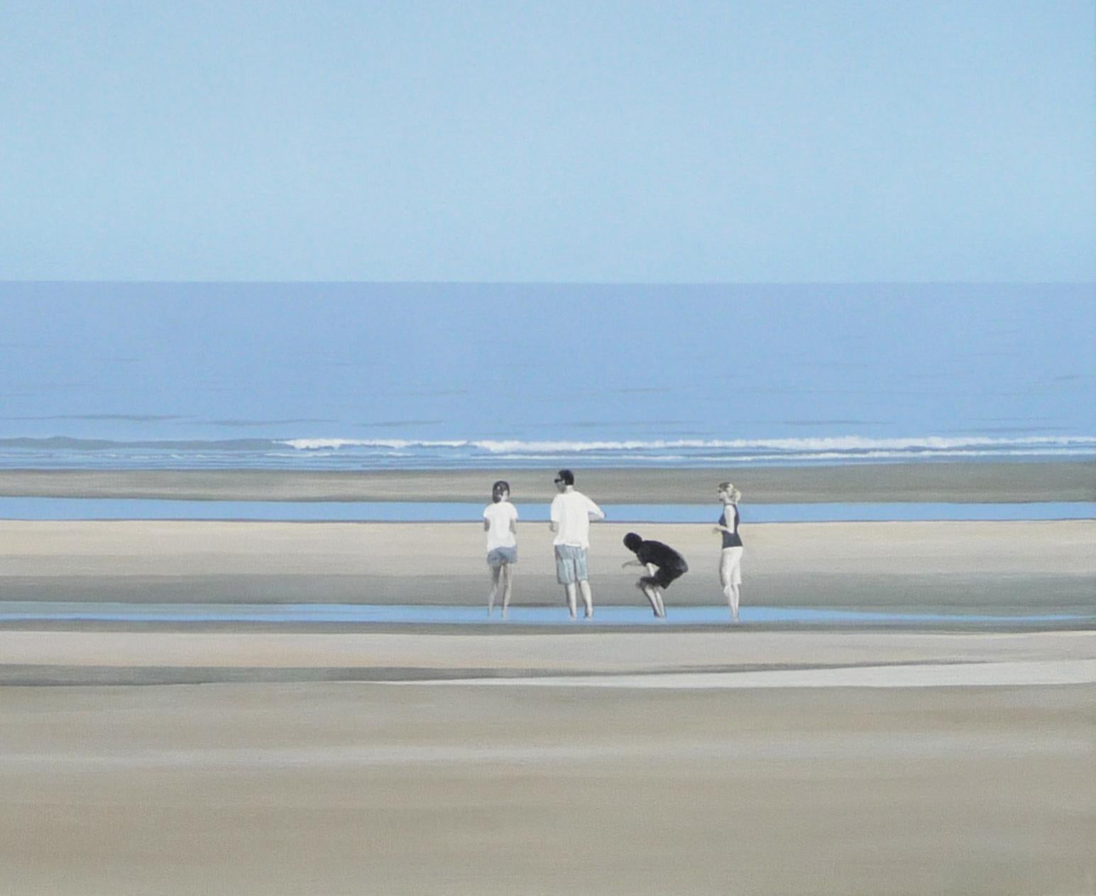 Four Go Paddling in Camber Sands - contemporary seaside beach landscape painting - Contemporary Painting by Terry Watts