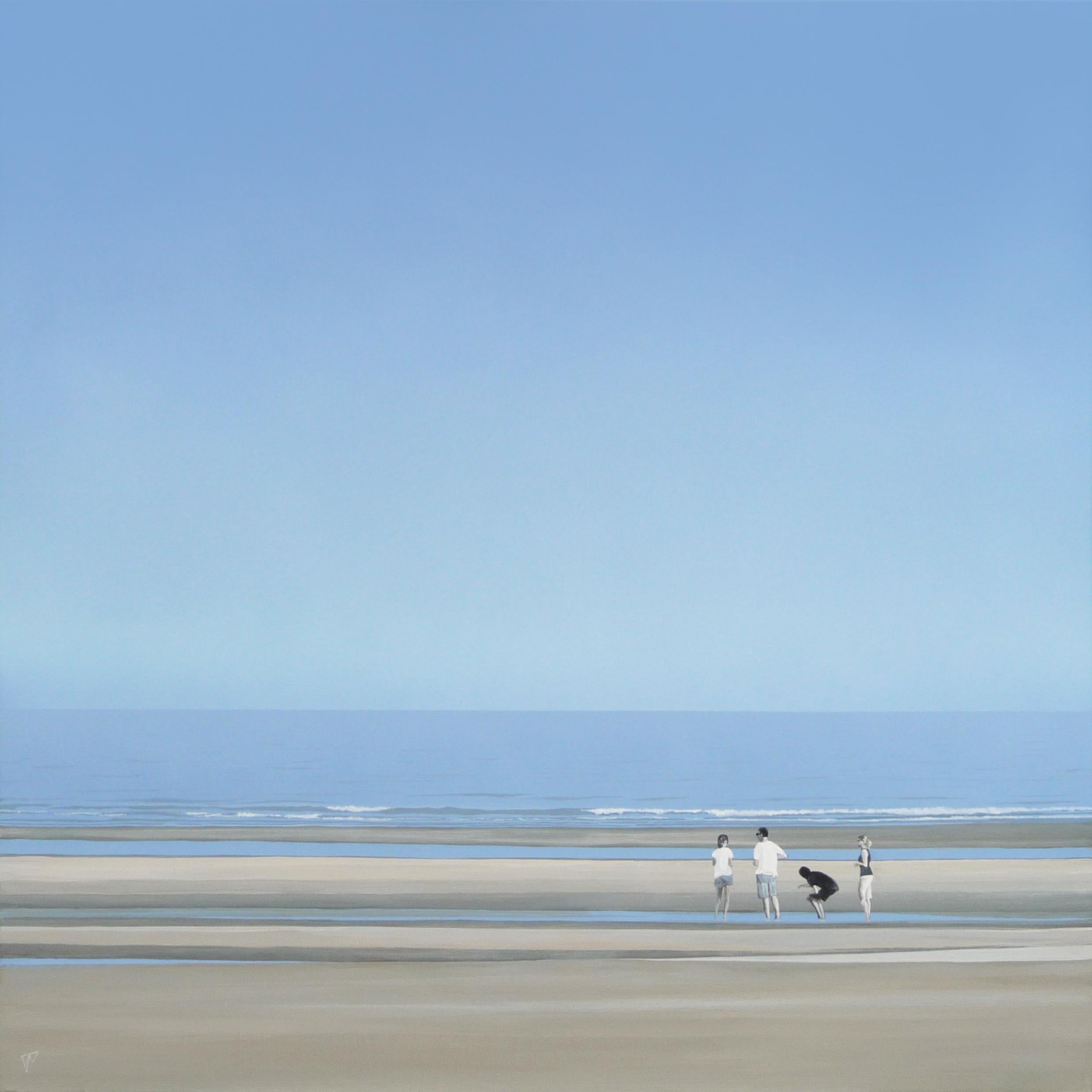 Four Go Paddling in Camber Sands - contemporary seaside beach landscape painting - Painting by Terry Watts