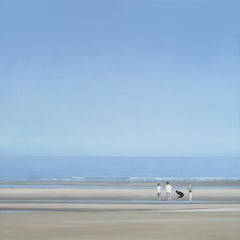 Four Go Paddling in Camber Sands - peinture contemporaine de paysage de plage de bord de mer