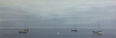 Alba grigia con barche - quadro contemporaneo di paesaggio balneare