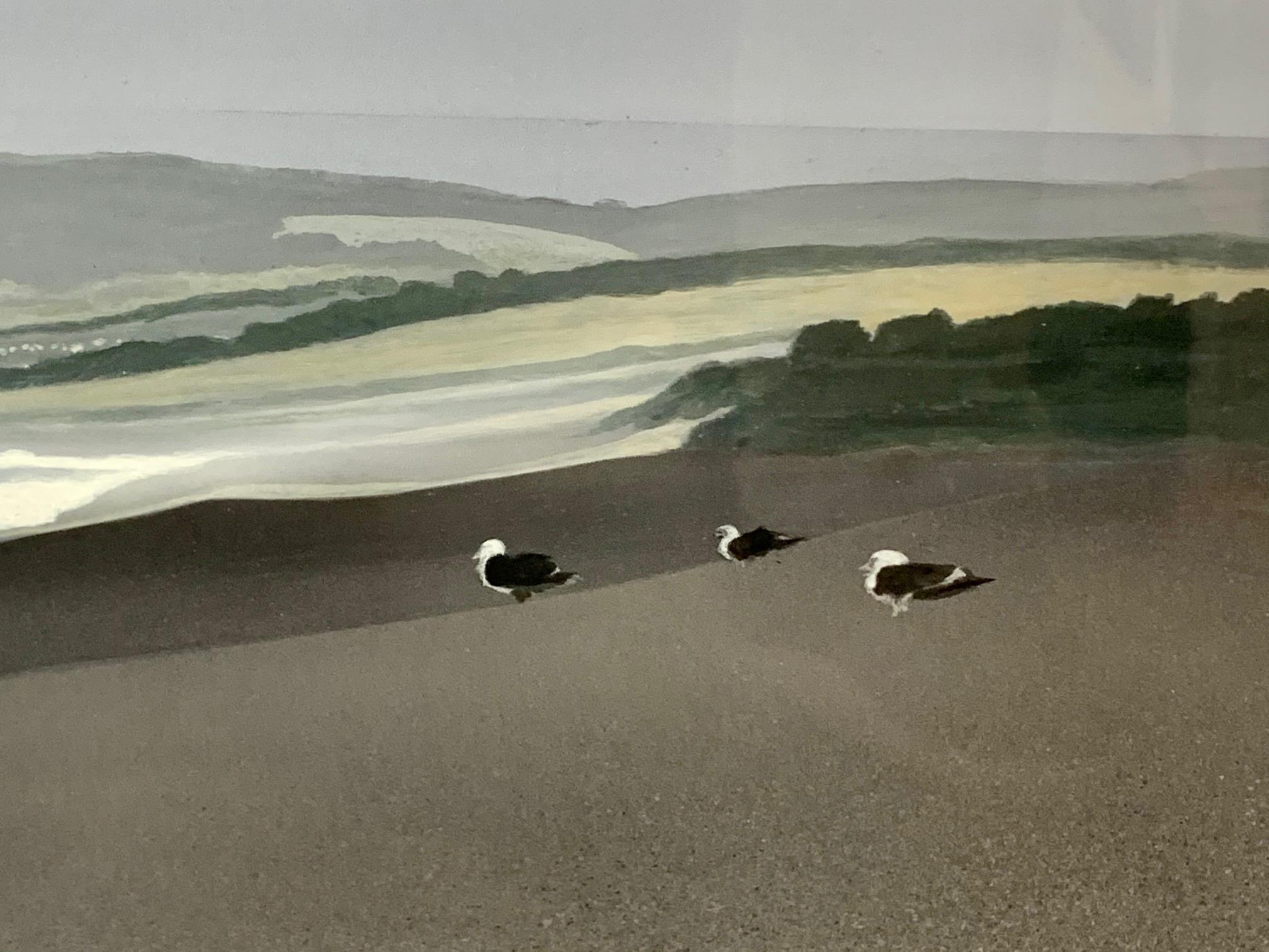 Gulls on Chesil Beach - acrylic cloudy Dorset seascape painting on paper - Contemporary Painting by Terry Watts