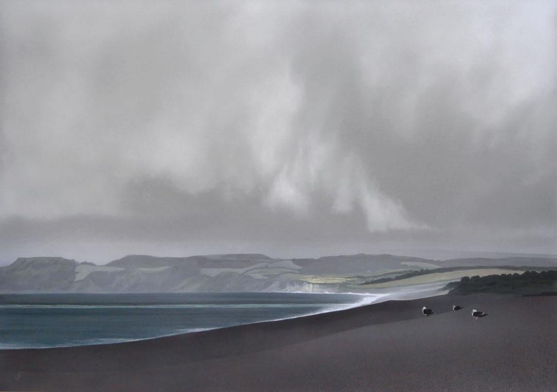 Gulls on Chesil Beach - acrylic cloudy Dorset seascape painting on paper - Painting by Terry Watts