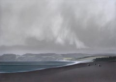 Used Gulls on Chesil Beach - acrylic cloudy Dorset seascape painting on paper