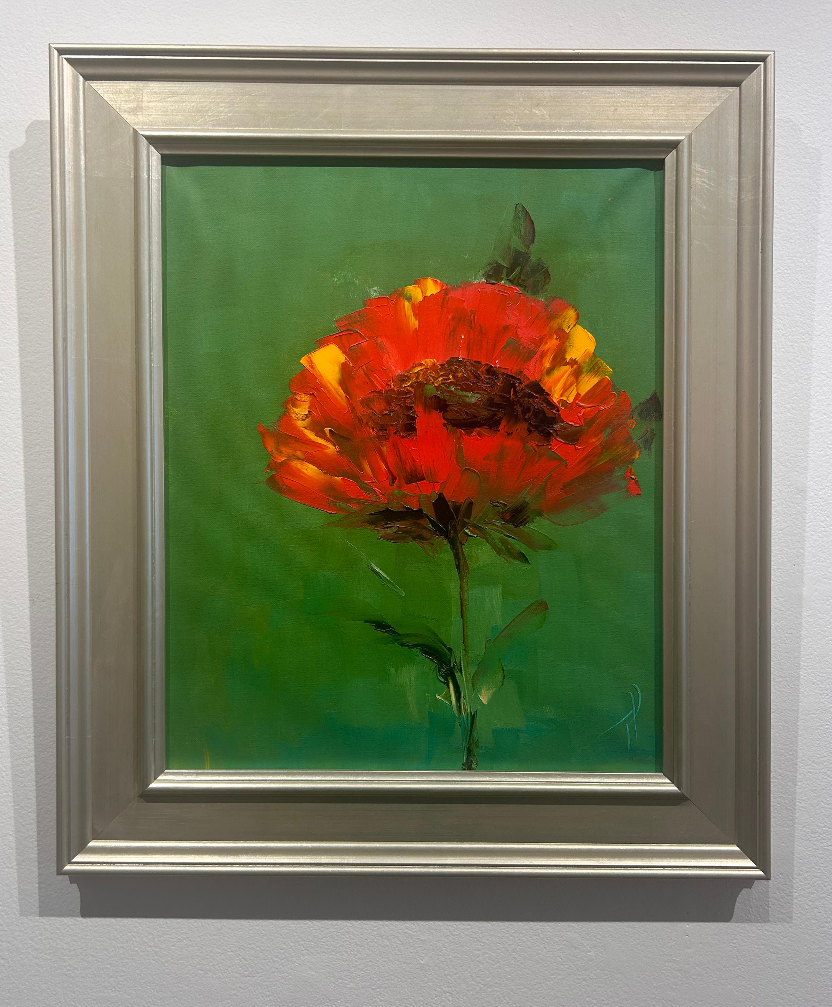 Tershovska, « I'm Still July », peinture florale sur toile rouge, verte et vibrante, 20x16 en vente 1