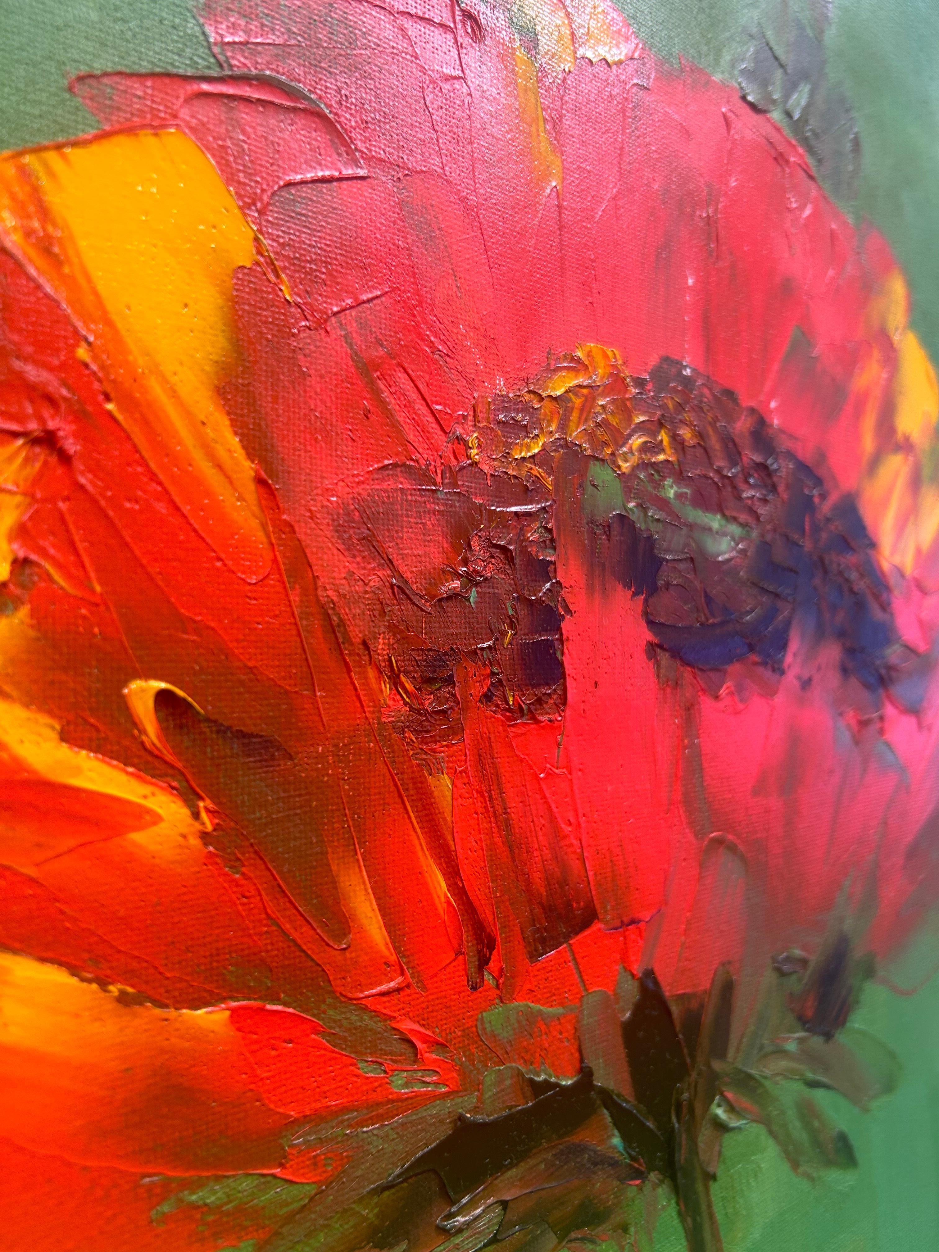 Tershovska, « I'm Still July », peinture florale sur toile rouge, verte et vibrante, 20x16 en vente 5