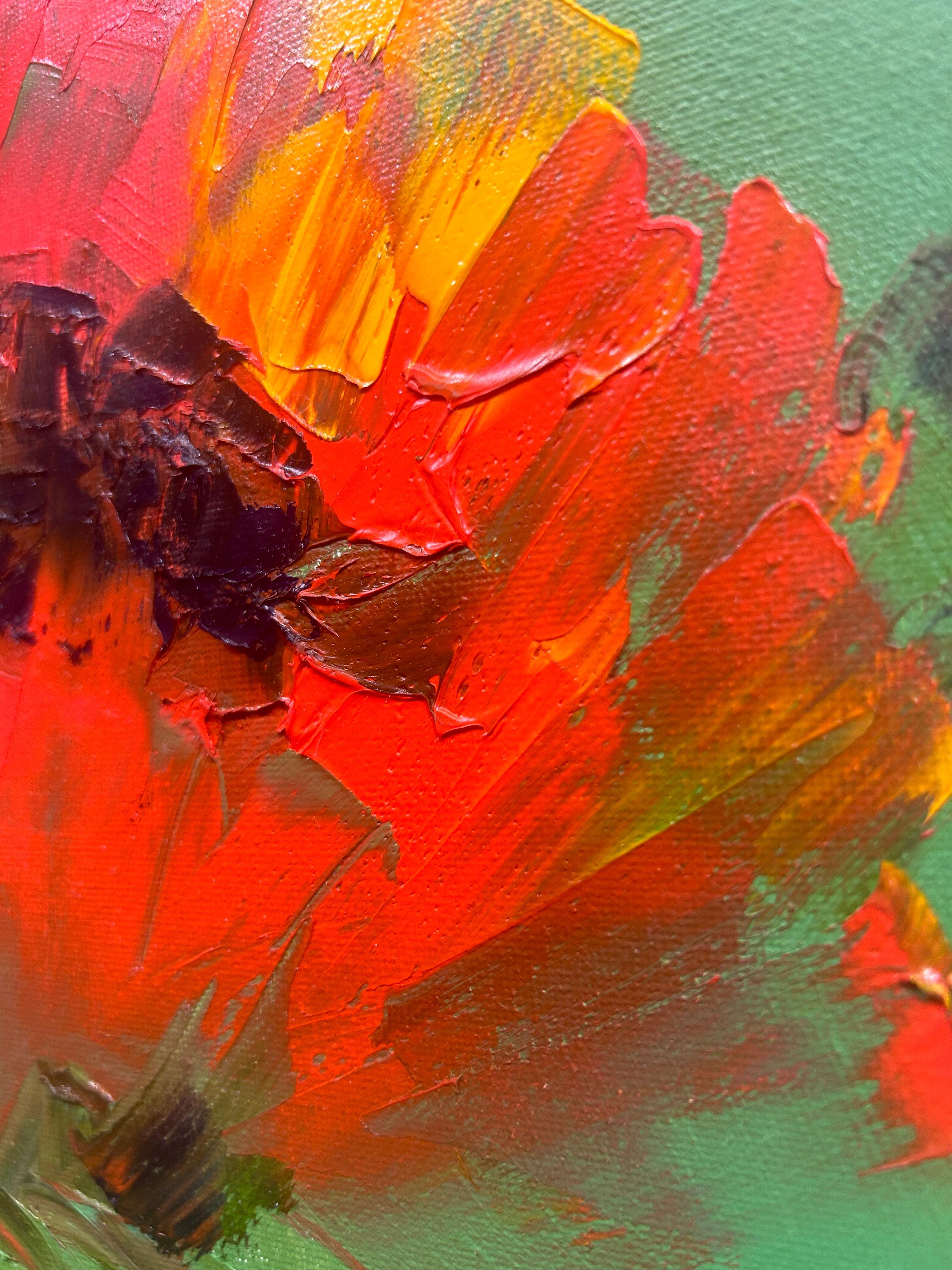 Tershovska, « I'm Still July », peinture florale sur toile rouge, verte et vibrante, 20x16 en vente 6