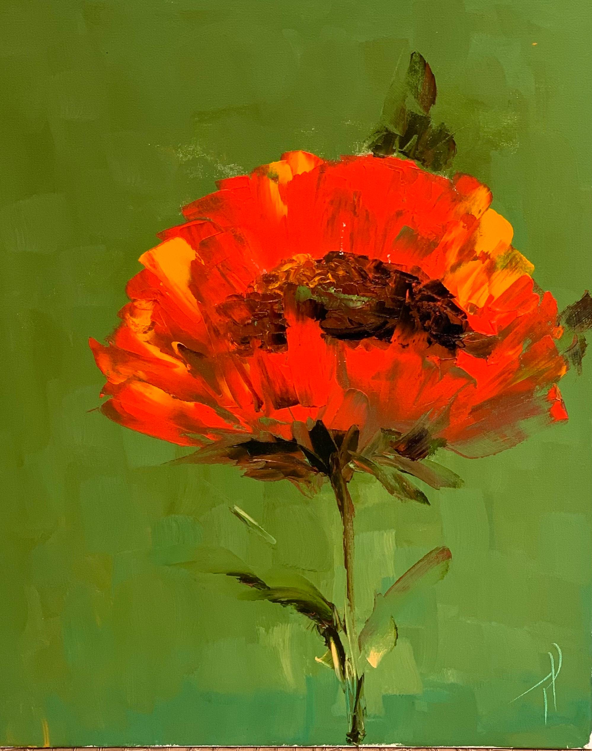 "I'm Still July" is a 20x16 oil painting on canvas by artist Tershovska. Featured is a bright red  flower on a contrasting deep green background. Expressive thick paint usage gives life and expression throughout the painting. Bright contrasting