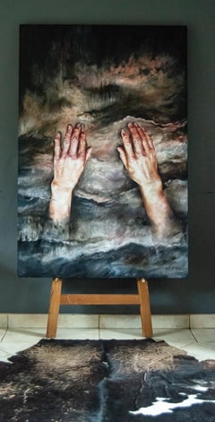 Grande dipinto astratto e surreale a olio su tavola "Falling" (Caduta)