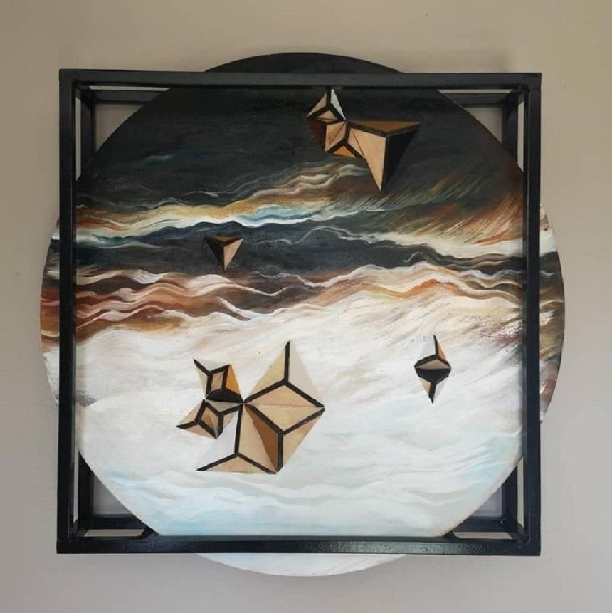 A set of three (triptyque) unique, round oil paintings on thick timber panels, measuring 50cm in diameter each. 
Each circle has three-dimensional triangular applications that stand out from the surface.
Each circle sits in a black, square mild