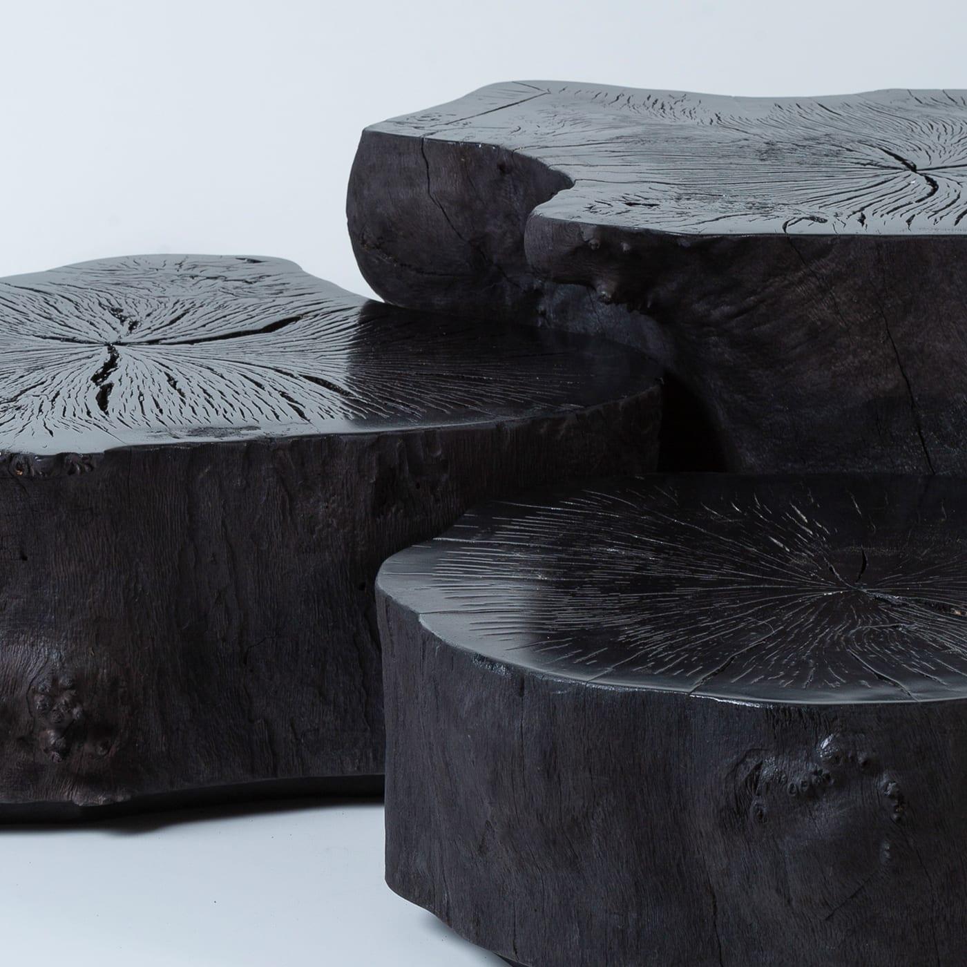 The unrivaled charm of nature captured in elegant shapes defines this set of three coffee tables. The set, minutely obtained from a single oak stump and dyed in black, makes for a sublime complement piece for rustic-chic decors. Offered in three