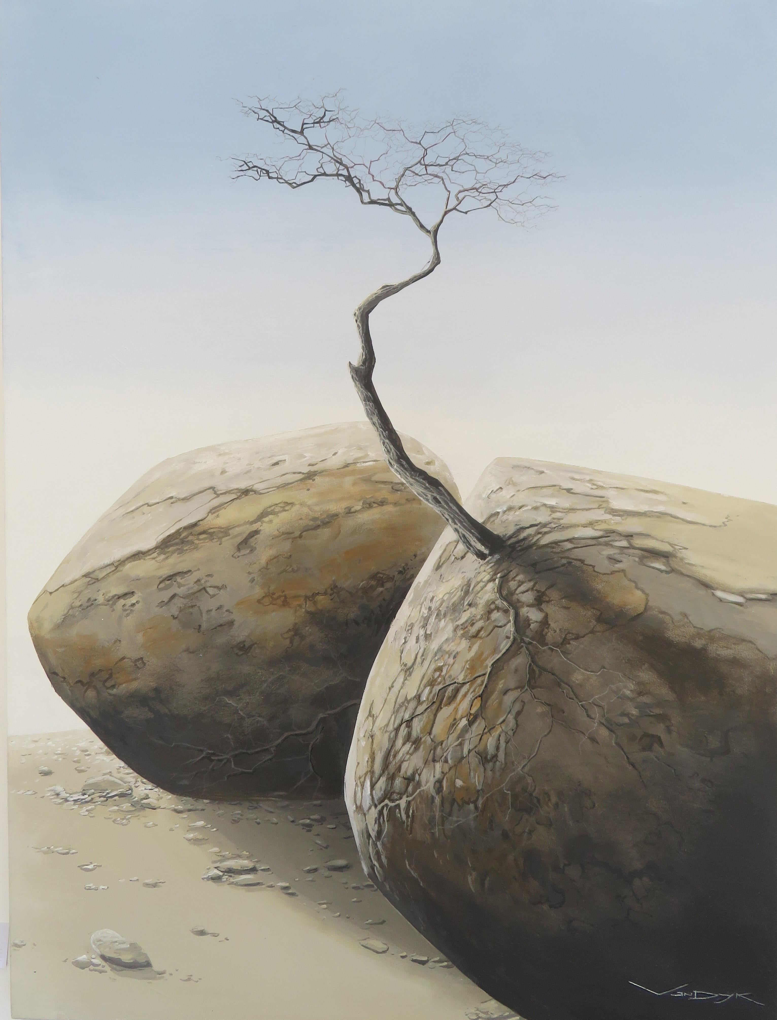 Landscape Painting di Tertius van Dyk - Paesaggio surreale in acrilico su tela "Dual Strength